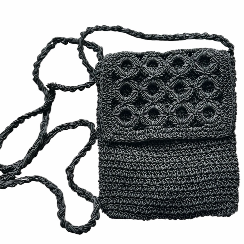 Black Crossbody Bag with Braided Strap and Textured Design